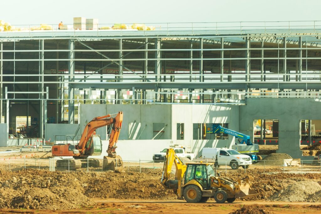 Commercial building under construction with structural steel framing