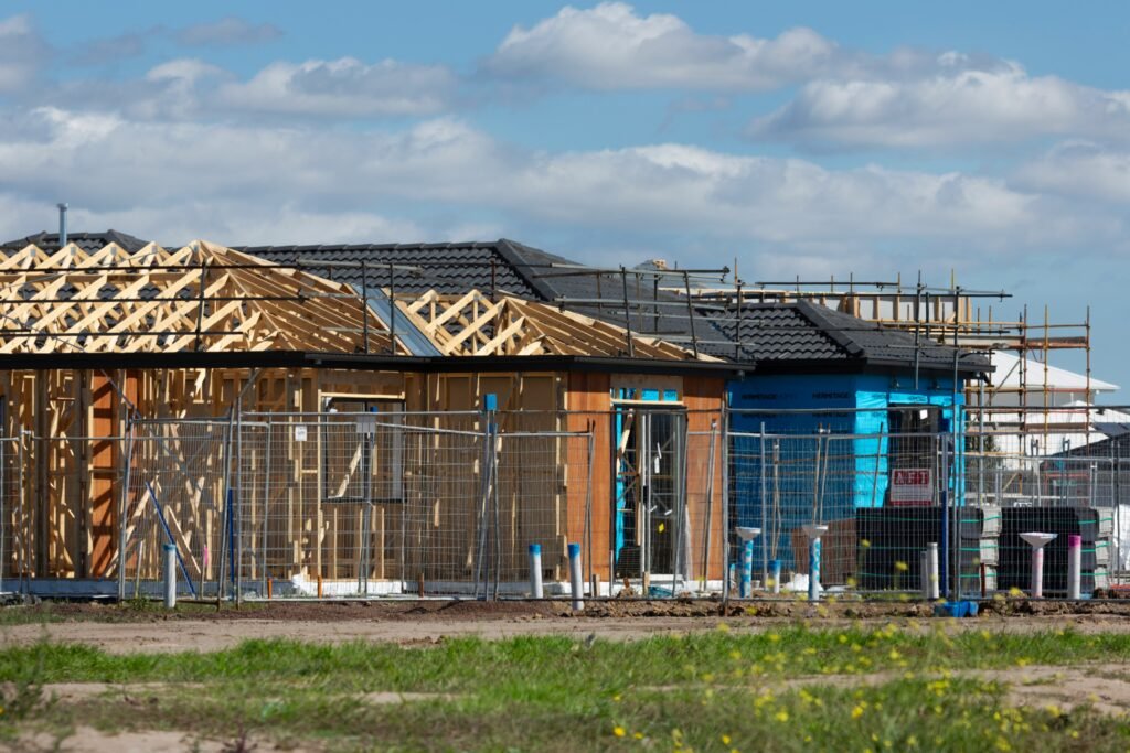 Residential home under construction showing timber framing